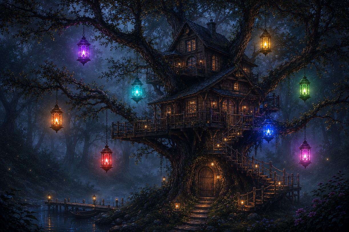 Enchanted Treehouse in Misty Woods